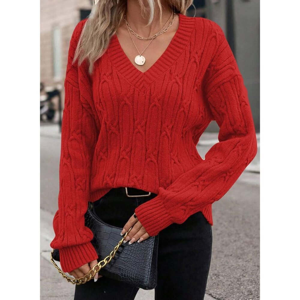 Women's Cable Knit Sweater V Neck Long Sleeve Casual Fall Outfit Lightweight - Picture 2 of 5